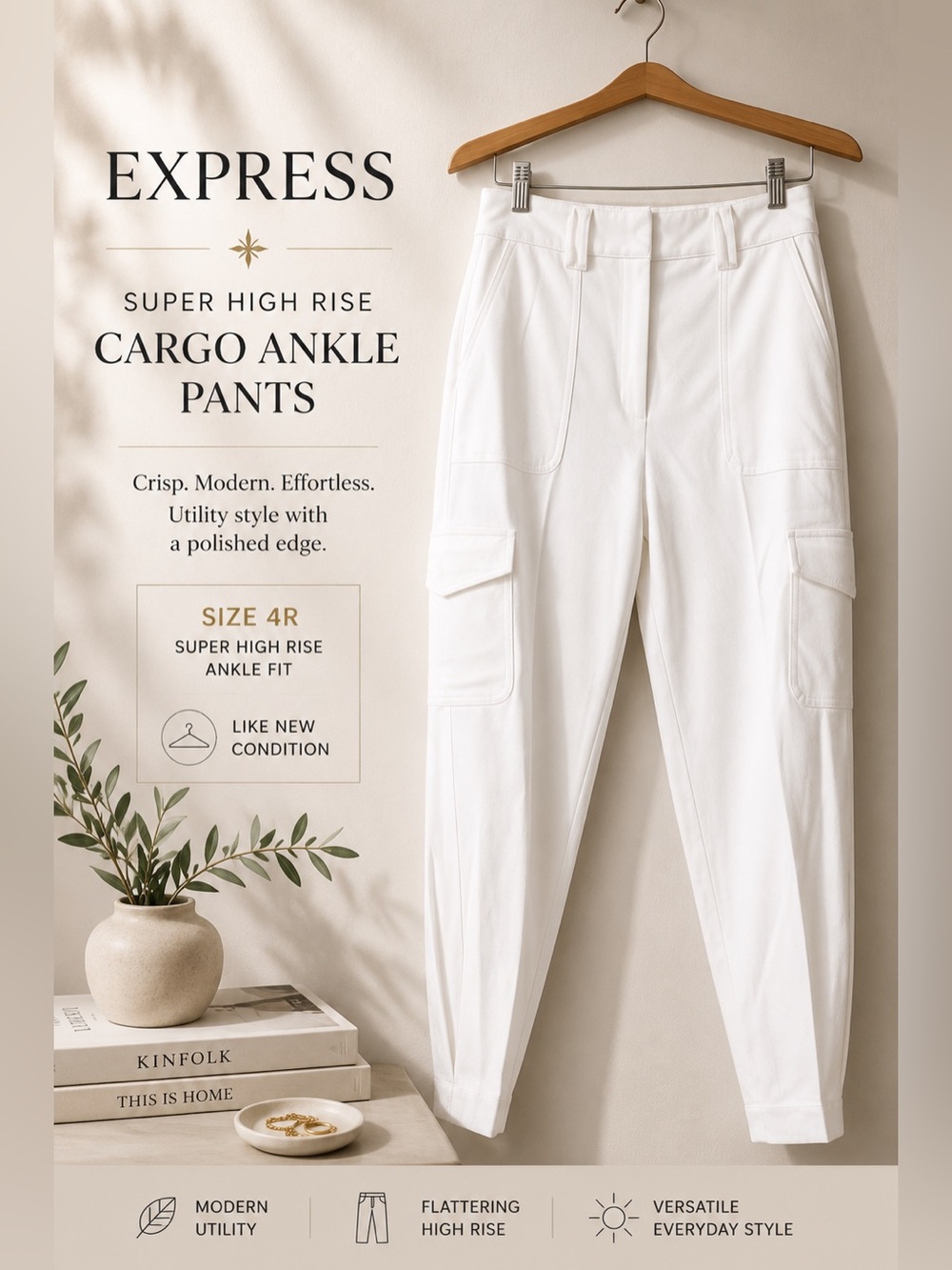 Express Super High Rise White Cargo Ankle Pants